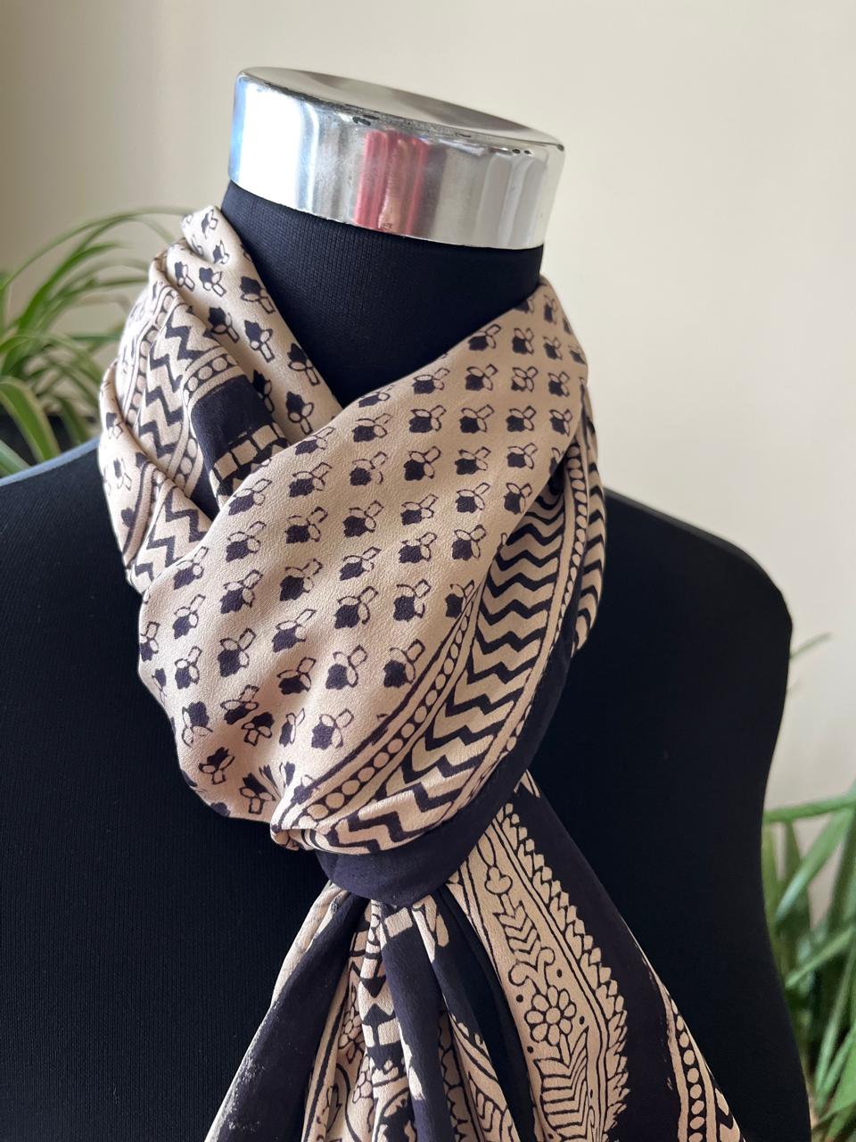 Beautiful Crepe Bagh Handblock Print Stole- Black with Beige