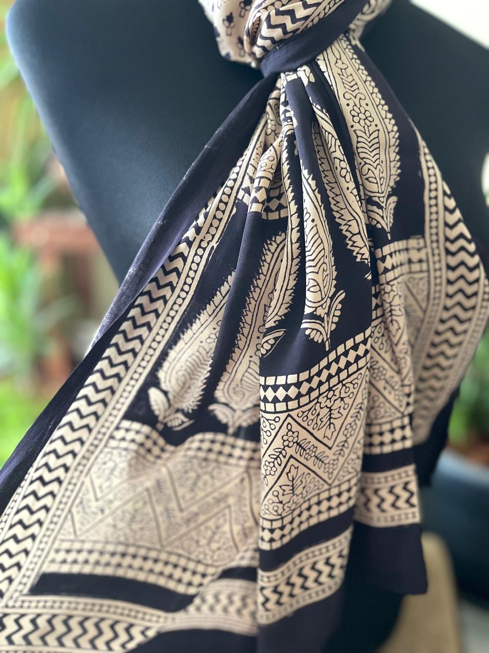 Beautiful Crepe Bagh Handblock Print Stole- Black with Beige