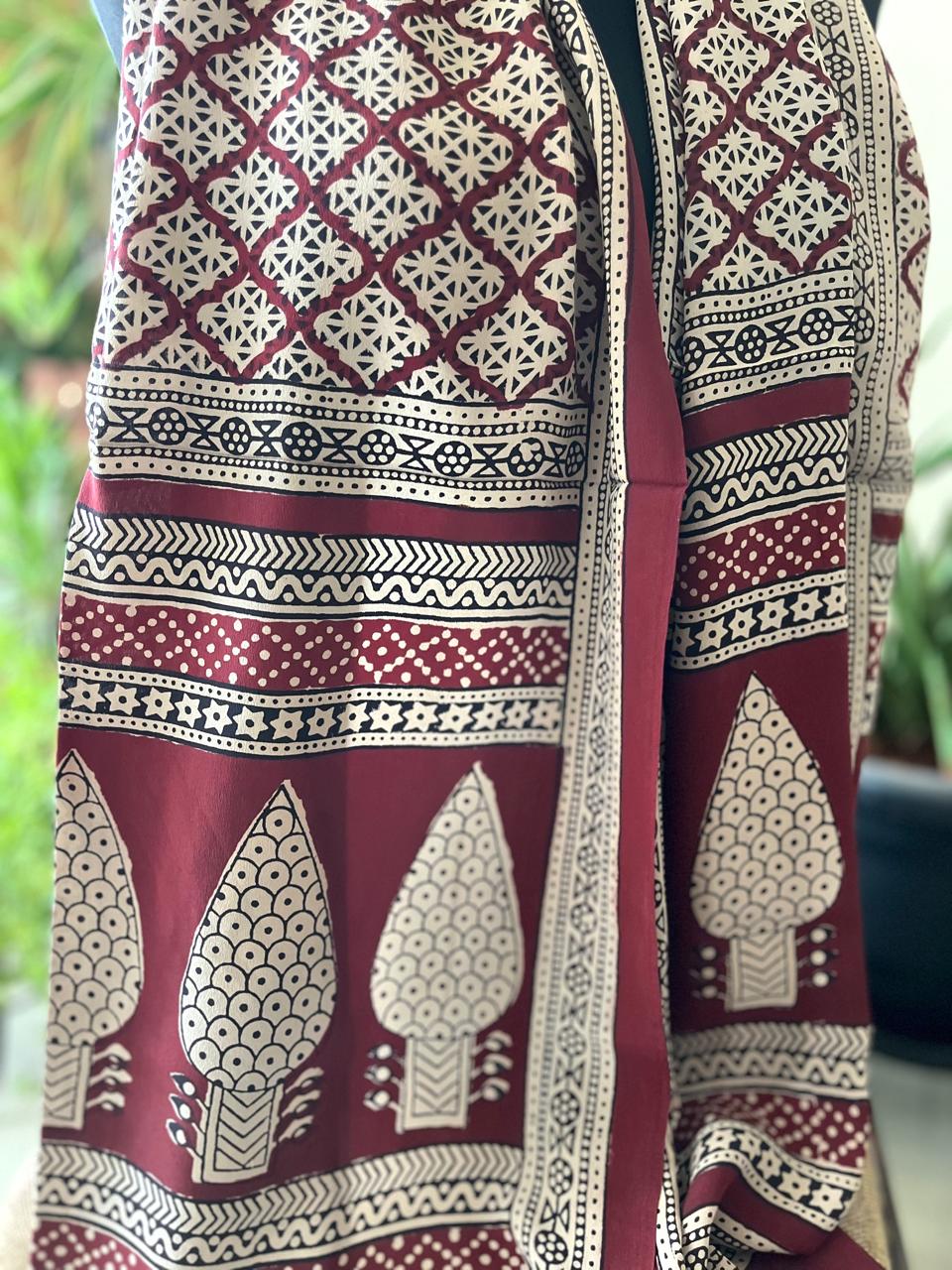 Beautiful Crepe Bagh Handblock Print Stole- Multicolor