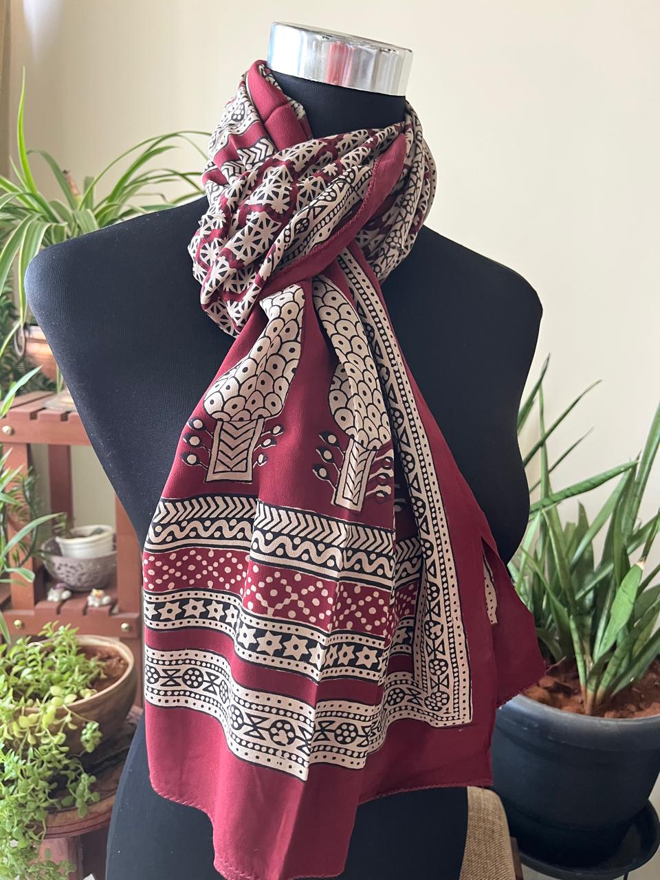 Beautiful Crepe Bagh Handblock Print Stole- Multicolor