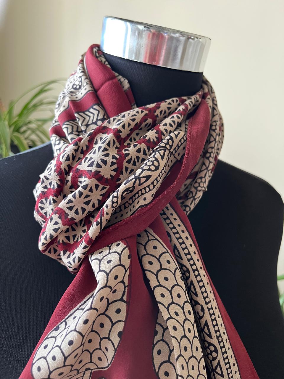 Beautiful Crepe Bagh Handblock Print Stole- Multicolor