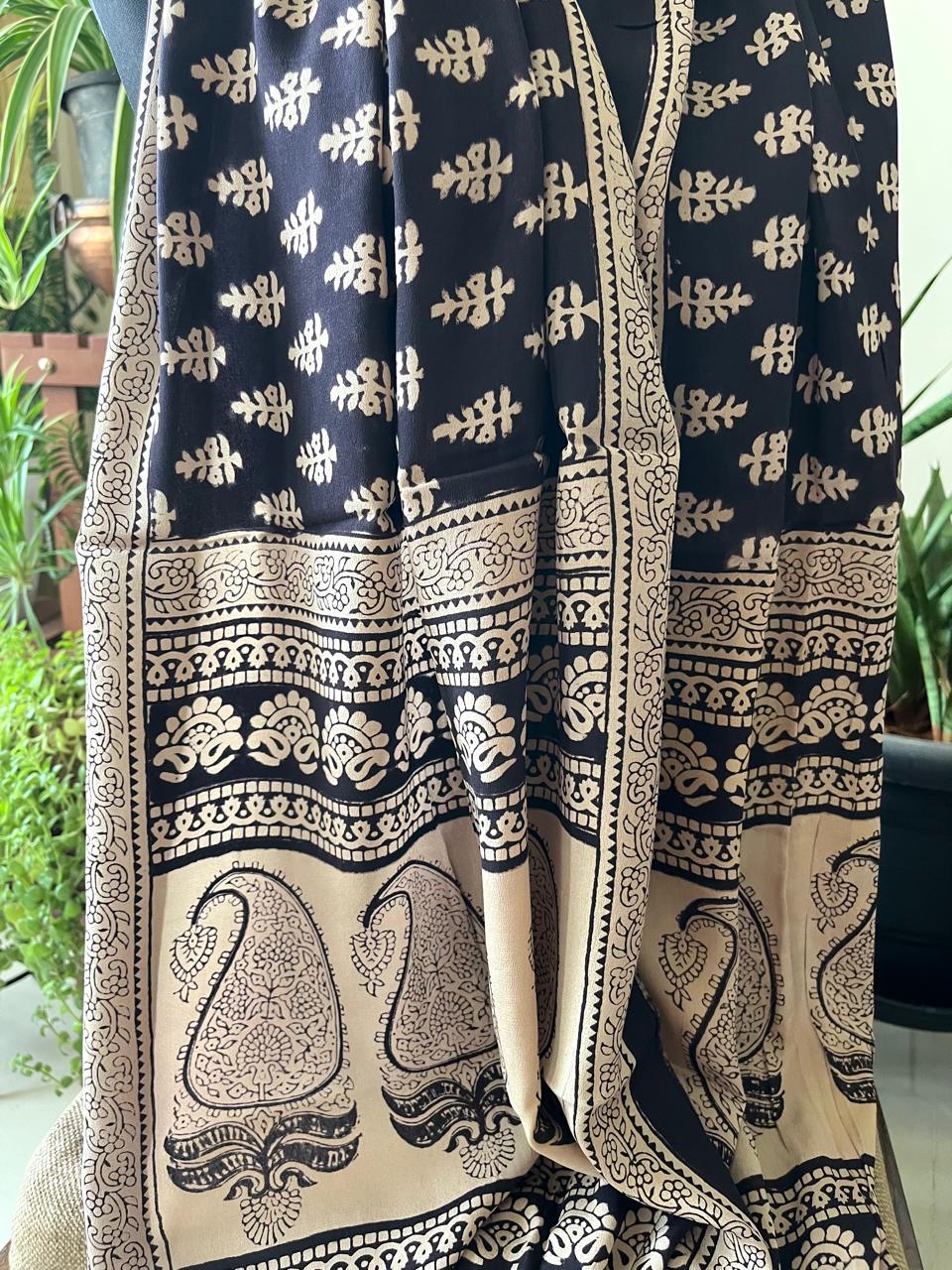 Beautiful Crepe Bagh Handblock Print Stole- Beige with Black