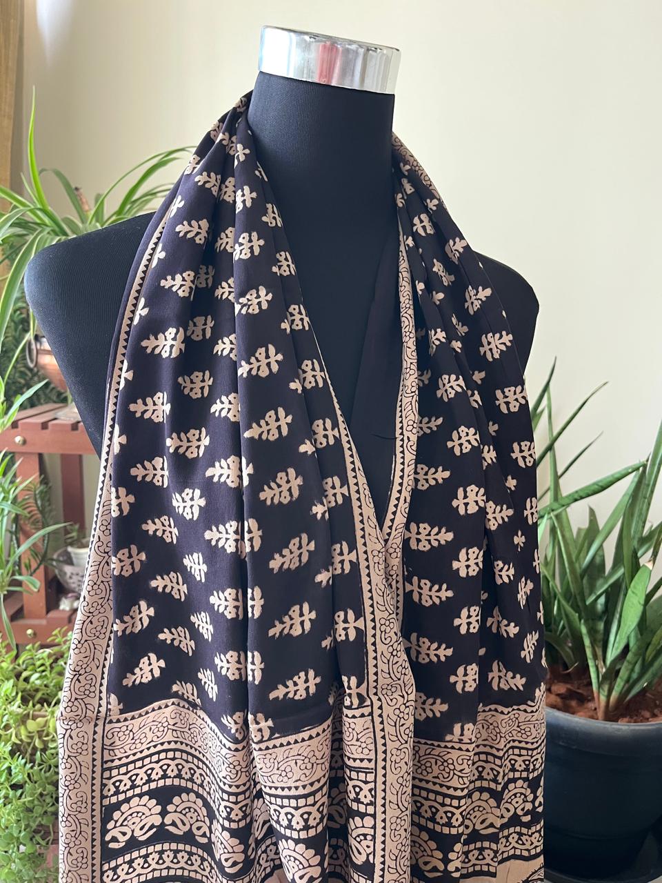 Beautiful Crepe Bagh Handblock Print Stole- Beige with Black