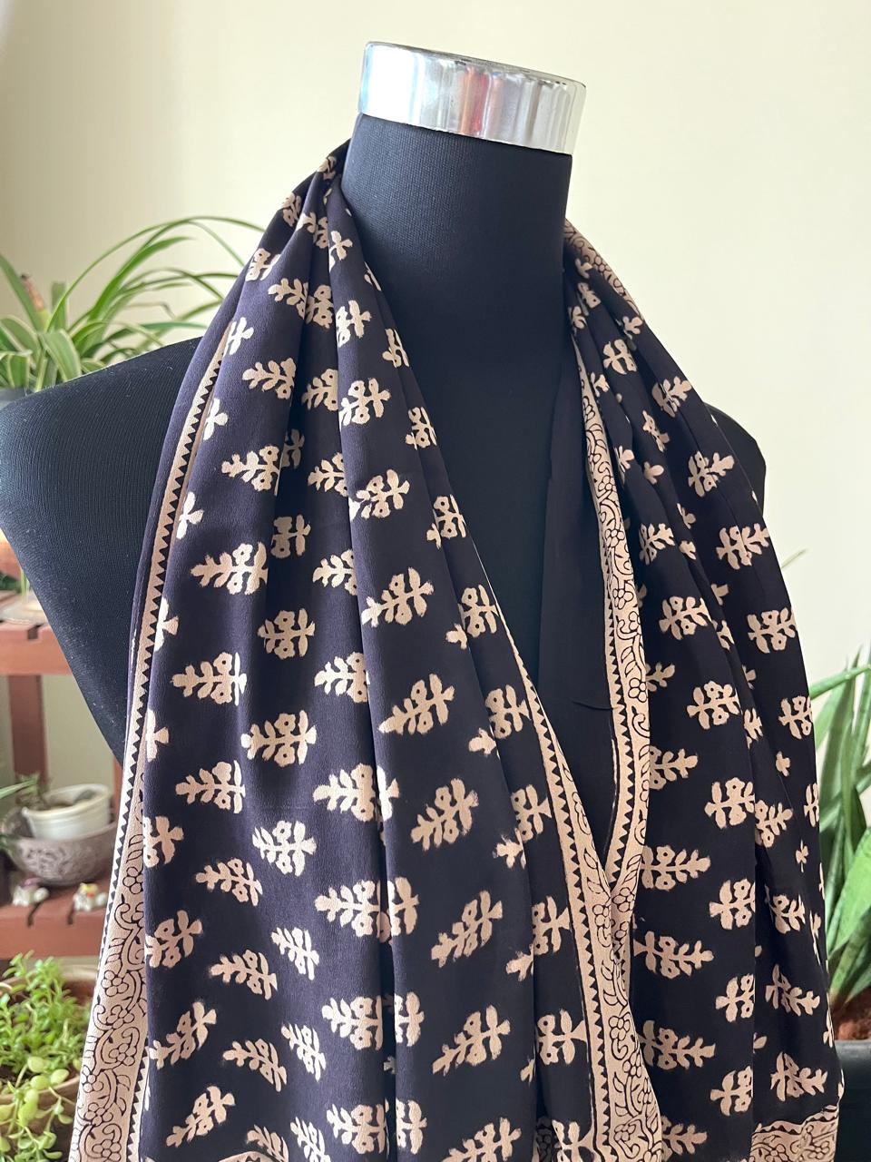 Beautiful Crepe Bagh Handblock Print Stole- Beige with Black