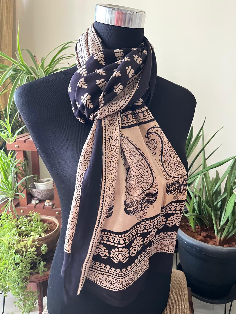 Beautiful Crepe Bagh Handblock Print Stole- Beige with Black