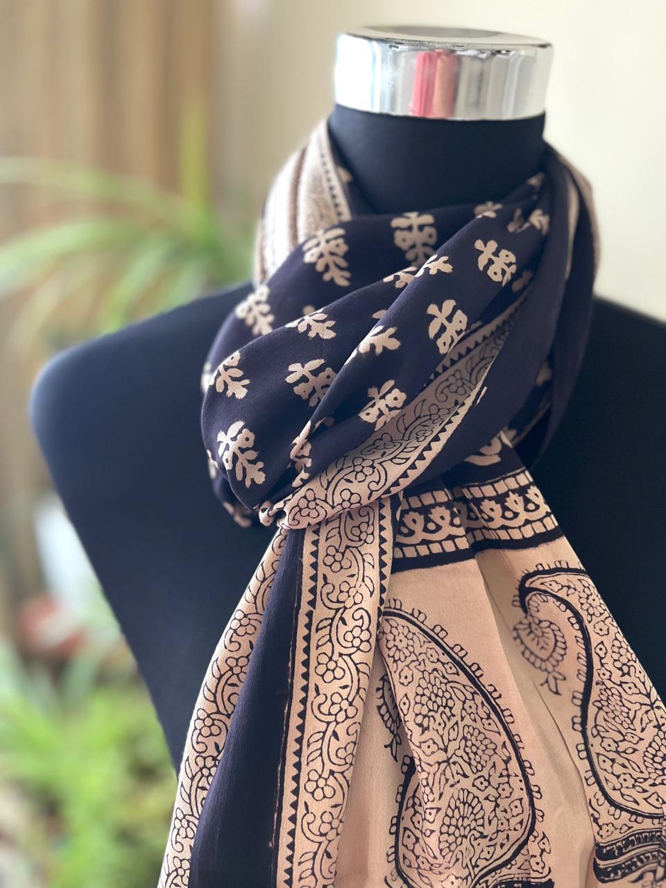 Beautiful Crepe Bagh Handblock Print Stole- Beige with Black