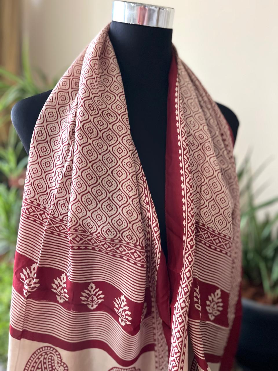 Beautiful Crepe Bagh Handblock Print Stole- Beige with Red