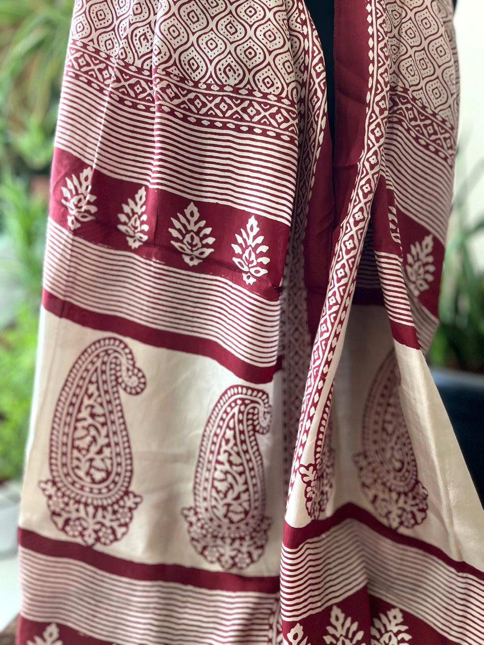 Beautiful Crepe Bagh Handblock Print Stole- Beige with Red
