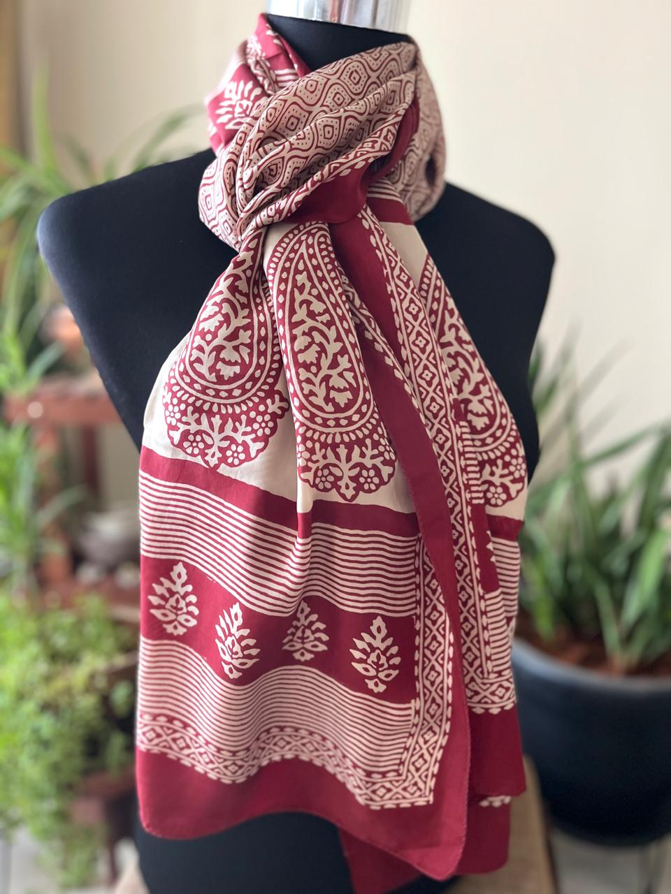 Beautiful Crepe Bagh Handblock Print Stole- Beige with Red