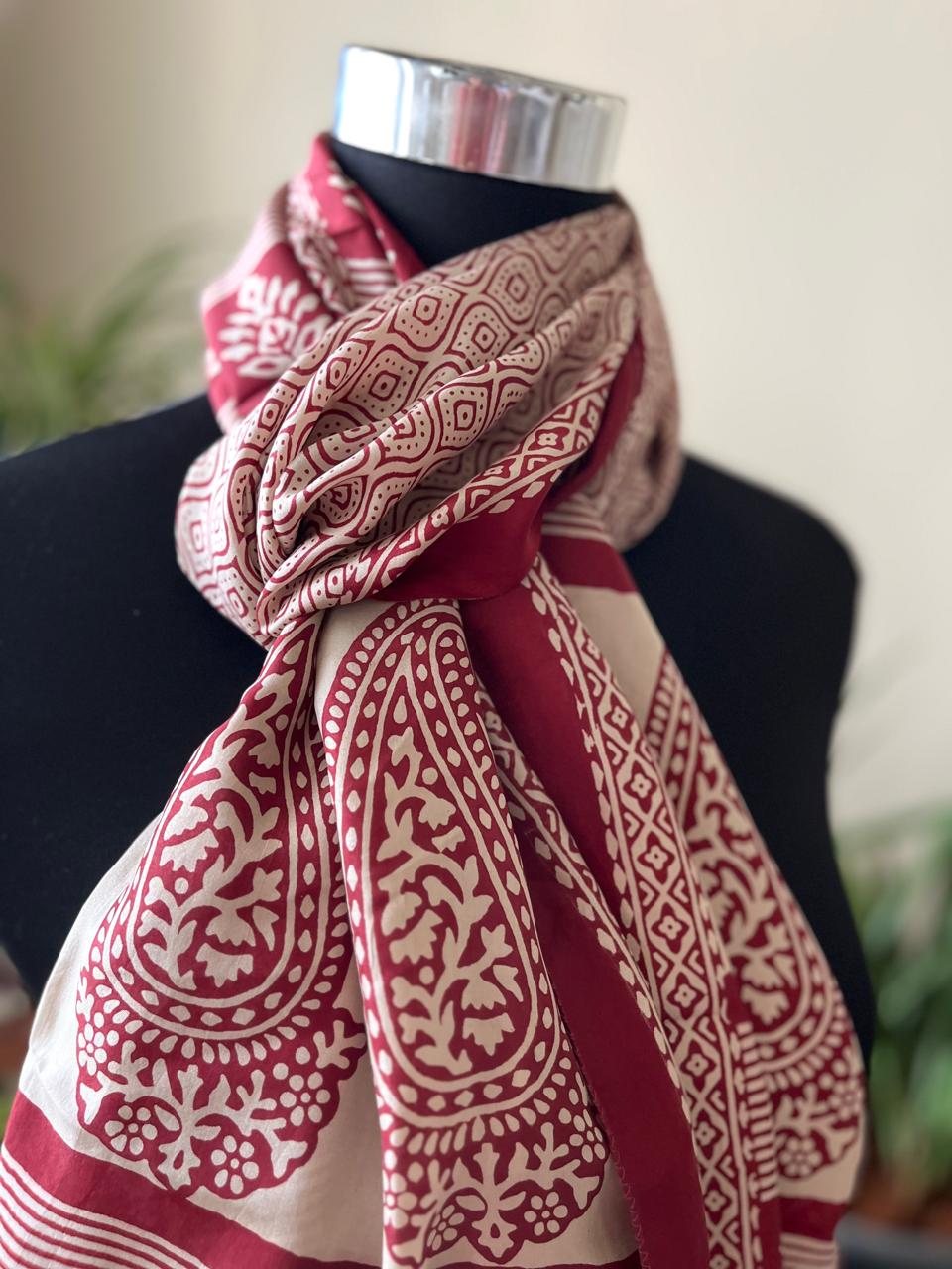 Beautiful Crepe Bagh Handblock Print Stole- Beige with Red