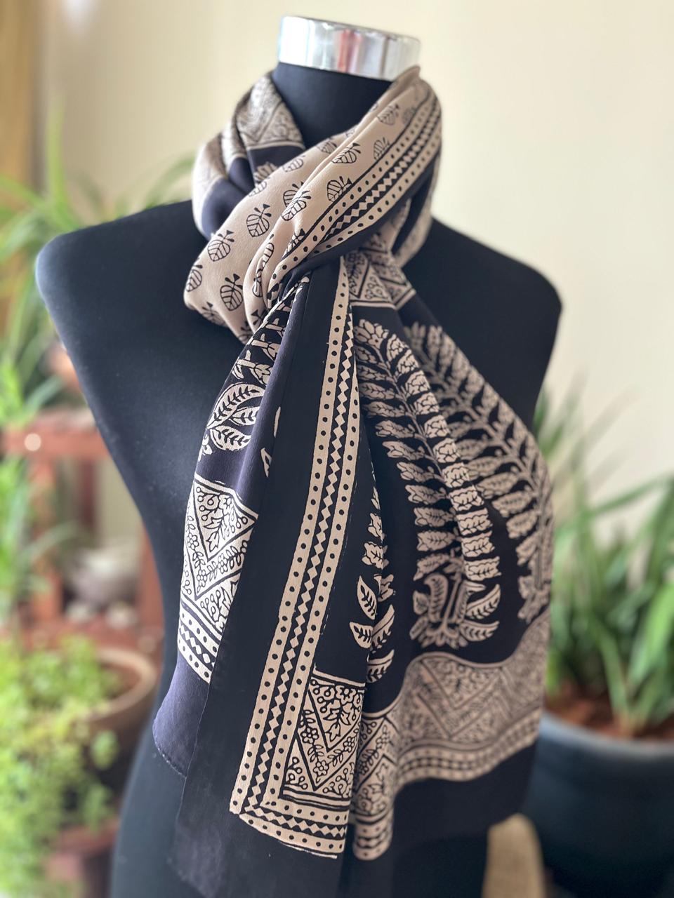 Beautiful Crepe Bagh Handblock Print Stole- Beige with Black