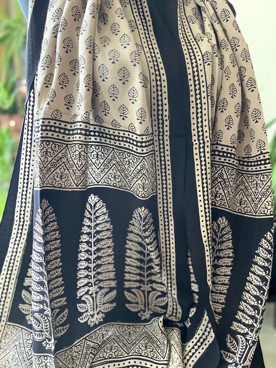 Beautiful Crepe Bagh Handblock Print Stole- Beige with Black