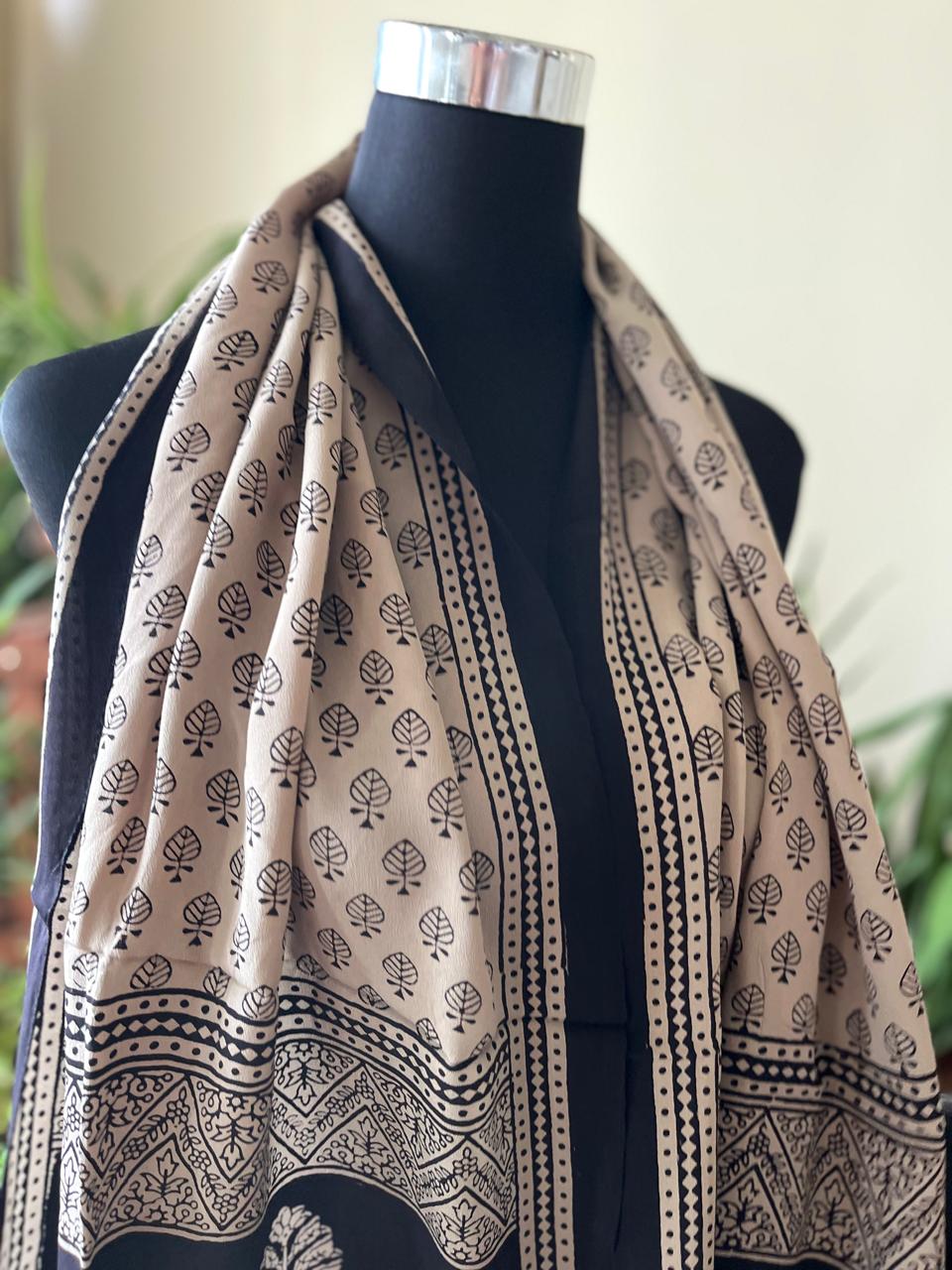 Beautiful Crepe Bagh Handblock Print Stole- Beige with Black