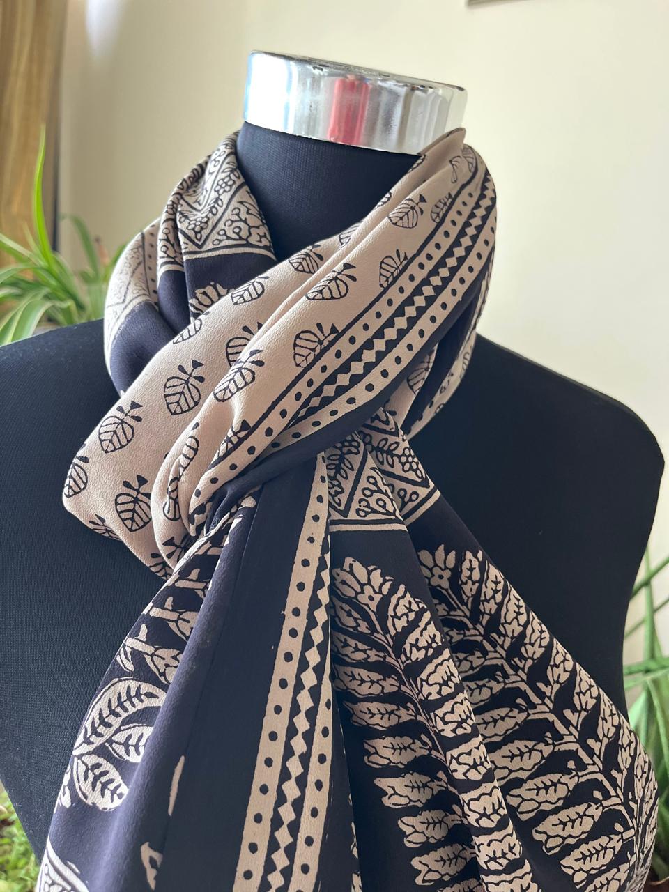 Beautiful Crepe Bagh Handblock Print Stole- Beige with Black