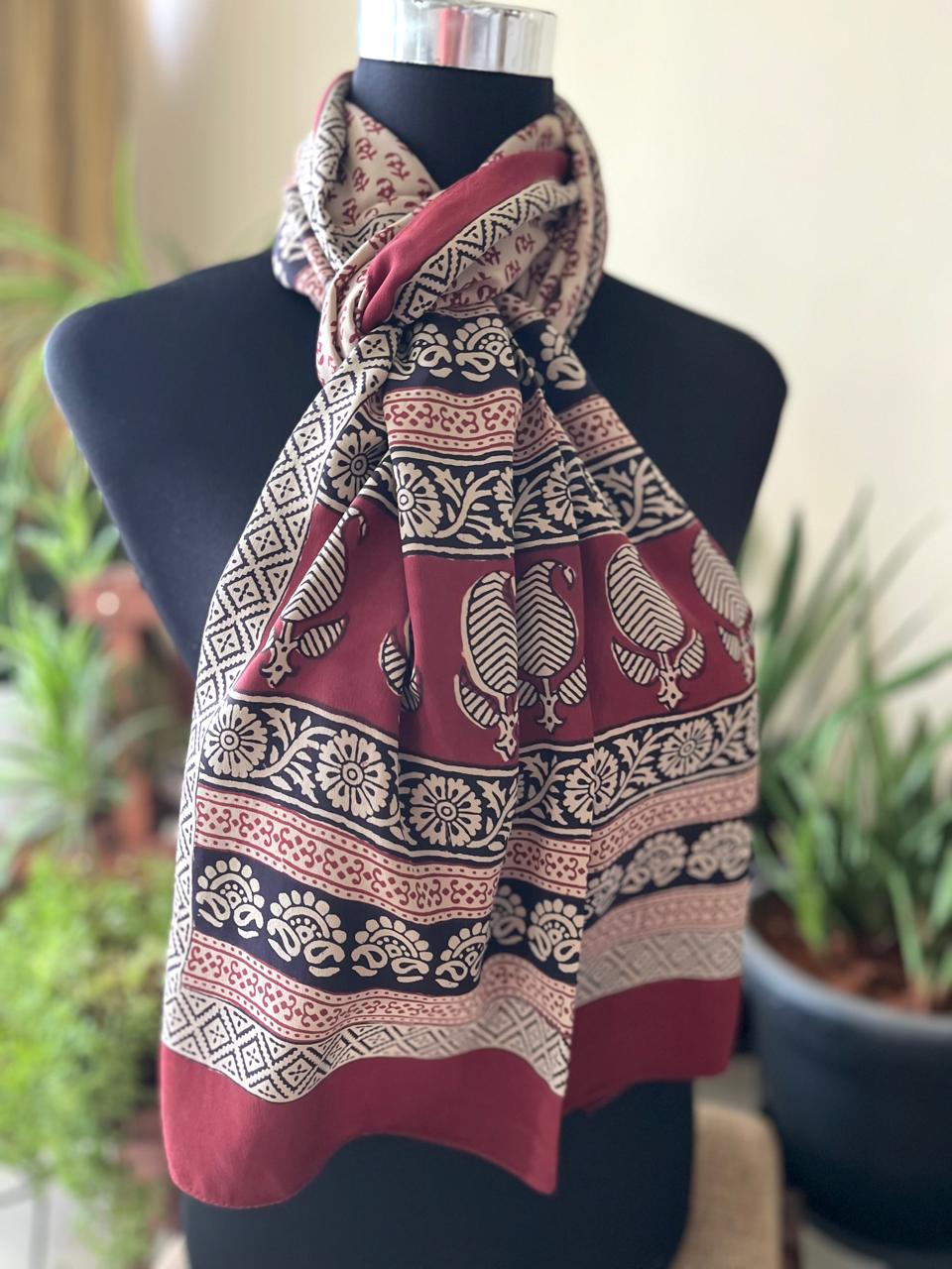 Beautiful Crepe Bagh Handblock Print Stole- Multicolor