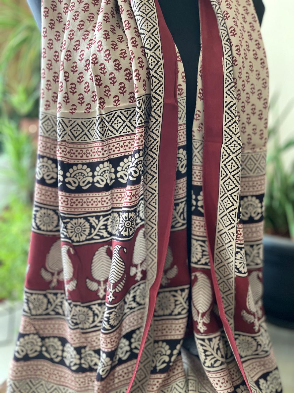 Beautiful Crepe Bagh Handblock Print Stole- Multicolor