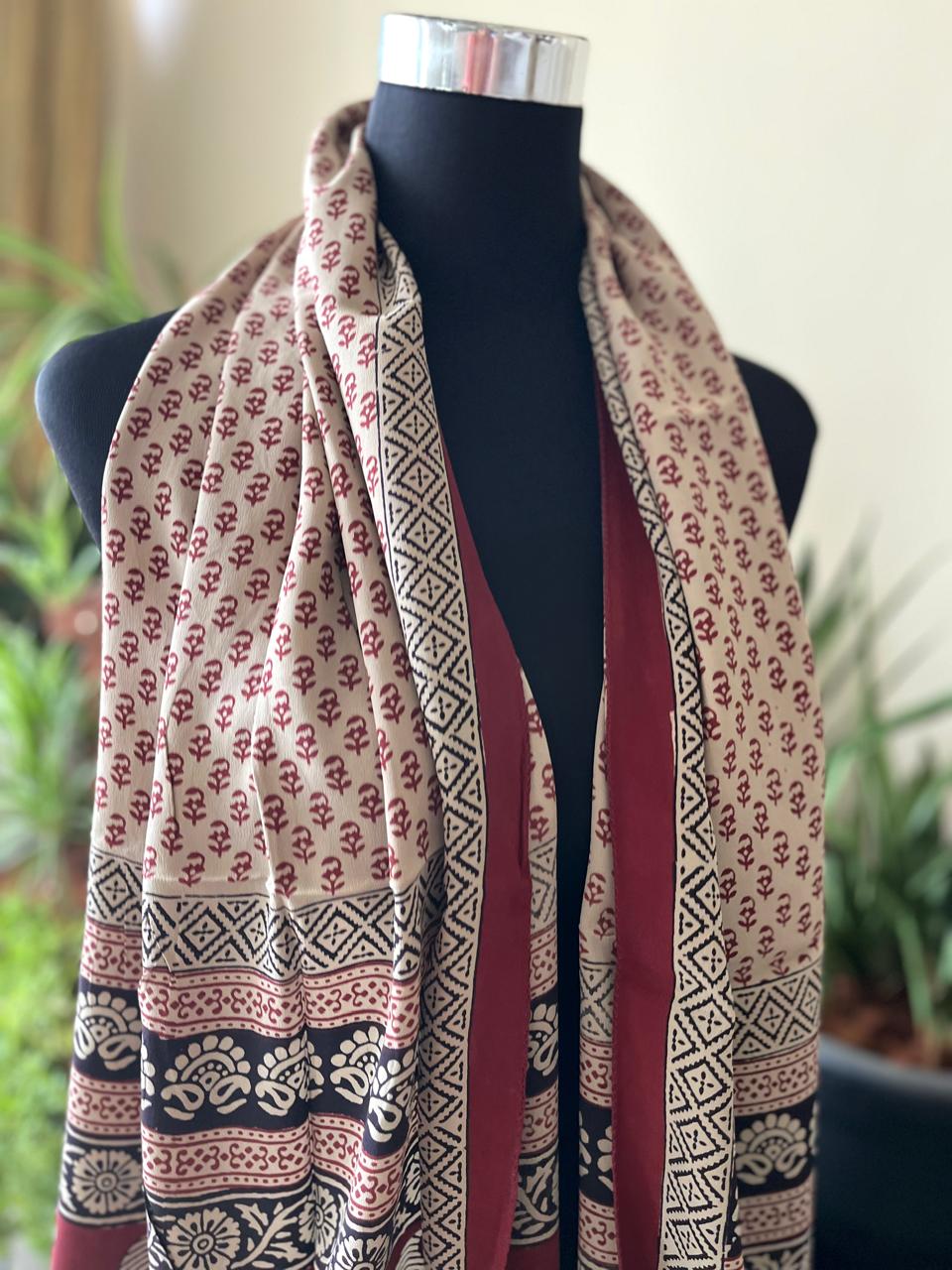 Beautiful Crepe Bagh Handblock Print Stole- Multicolor