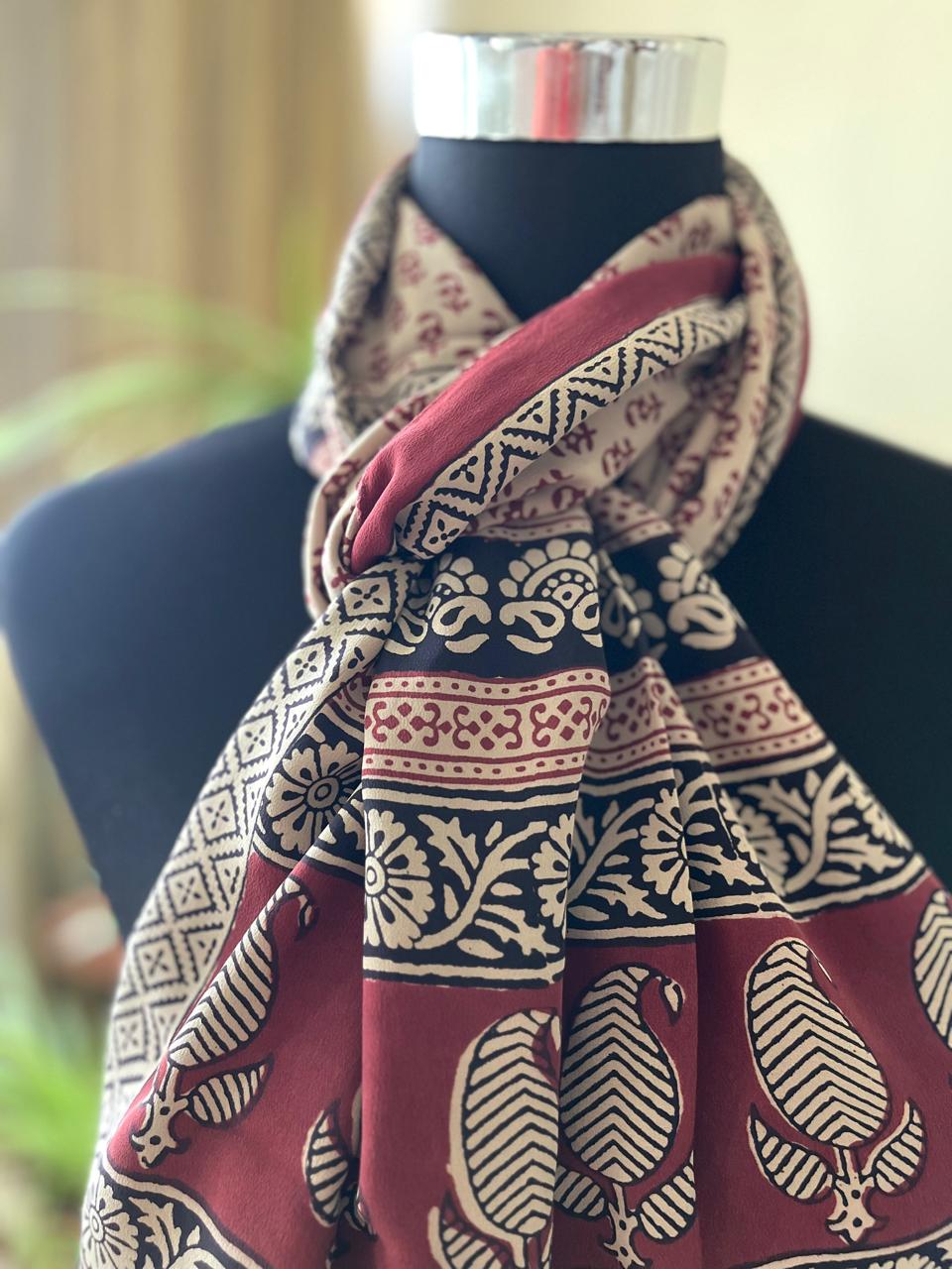 Beautiful Crepe Bagh Handblock Print Stole- Multicolor