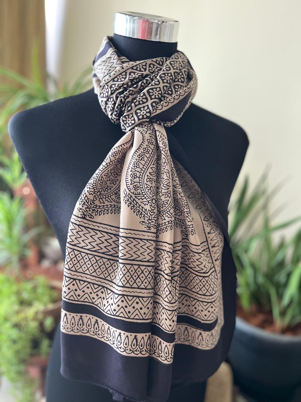 Beautiful Crepe Bagh Handblock Print Stole- Beige with Black