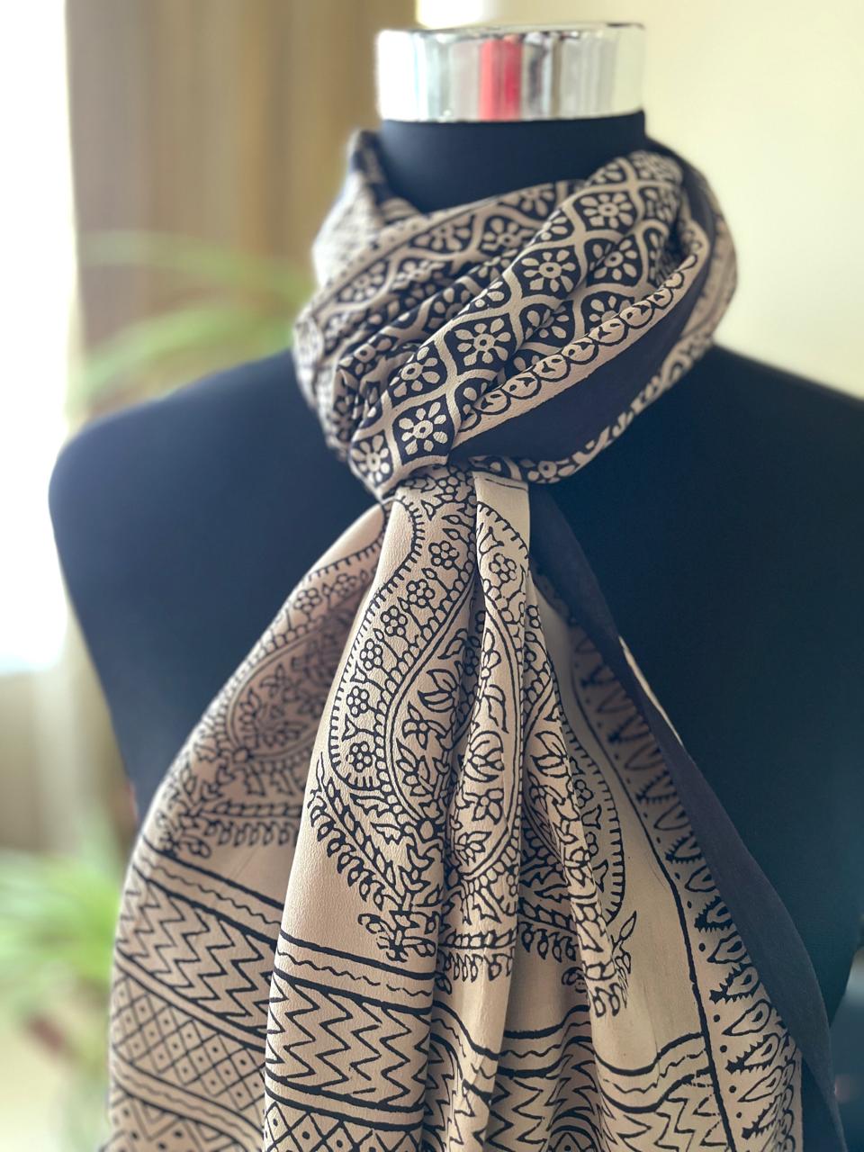 Beautiful Crepe Bagh Handblock Print Stole- Beige with Black