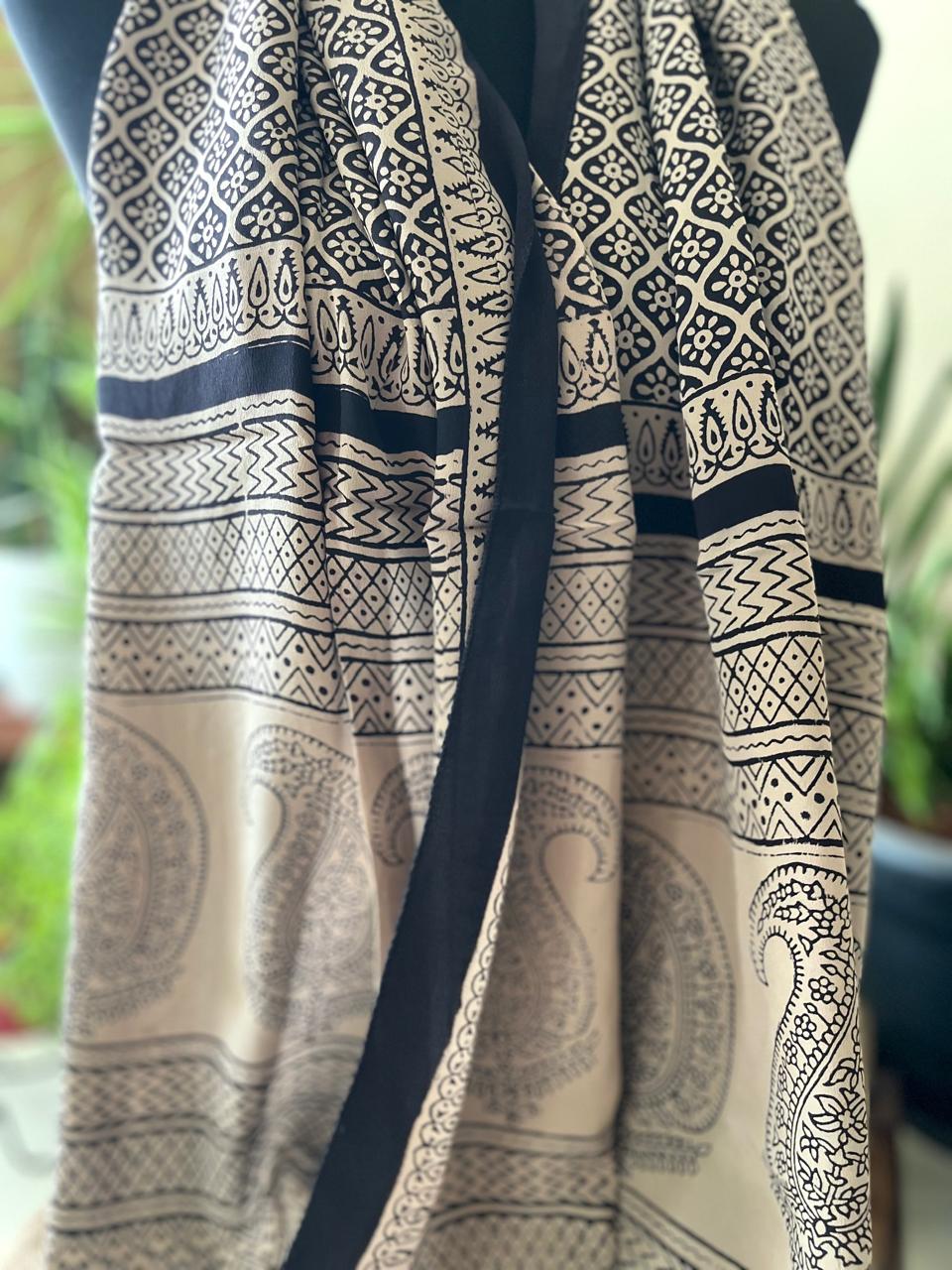 Beautiful Crepe Bagh Handblock Print Stole- Beige with Black