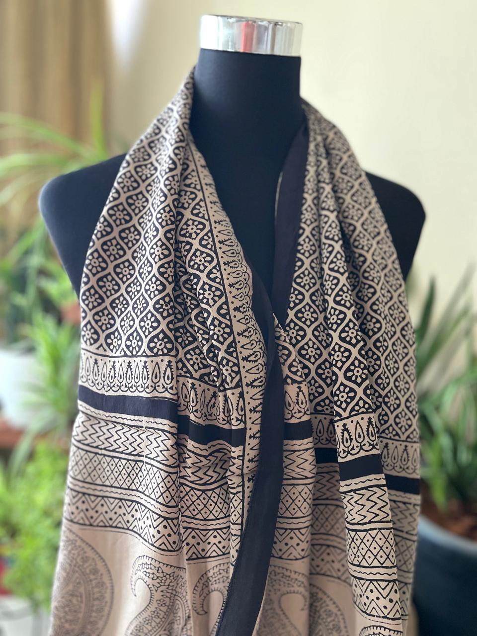Beautiful Crepe Bagh Handblock Print Stole- Beige with Black