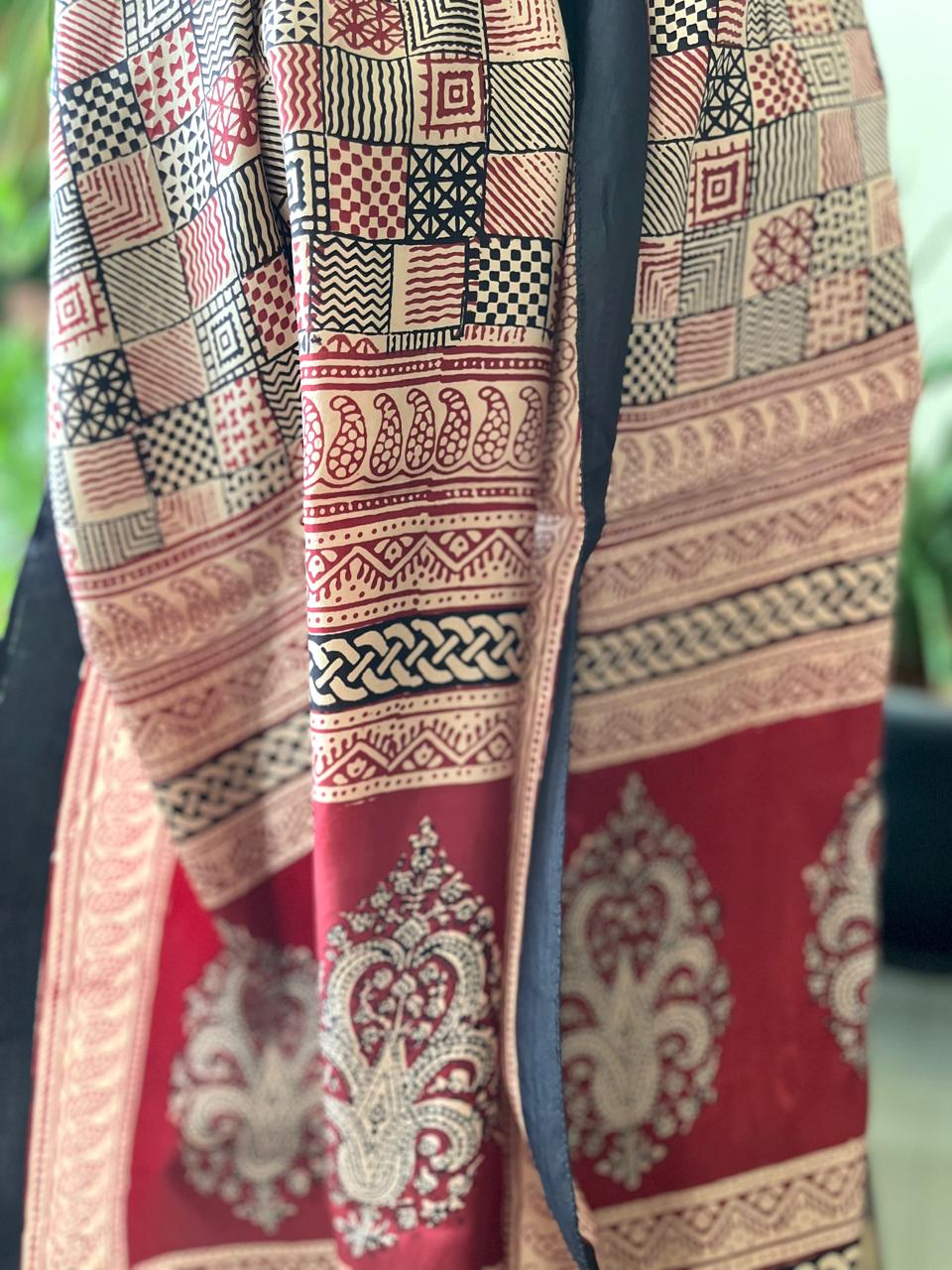 Beautiful Crepe Bagh Handblock Print Stole- Multicolor
