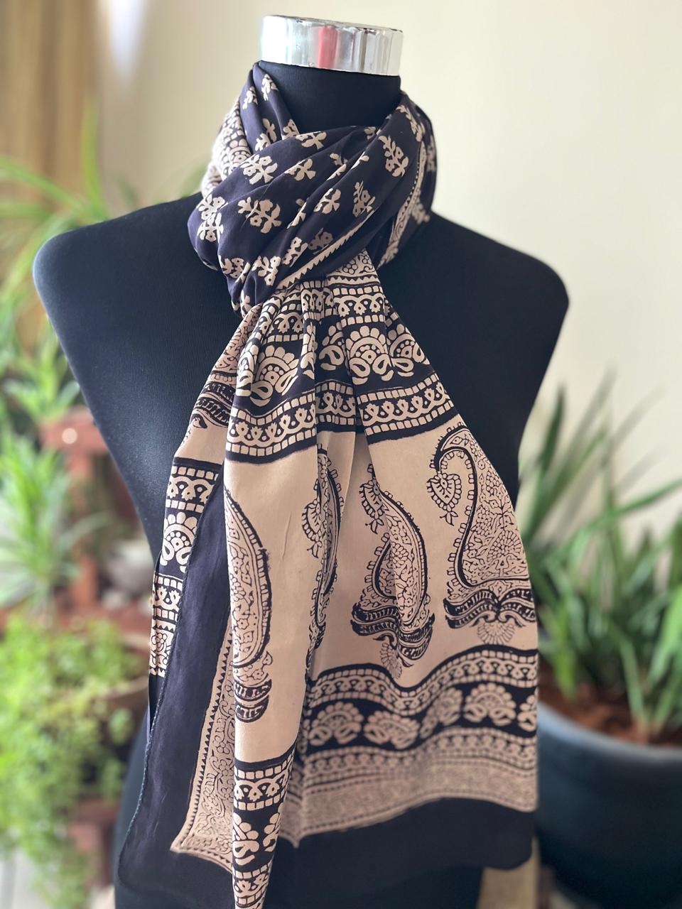 Beautiful Crepe Bagh Handblock Print Stole- Black with Beige