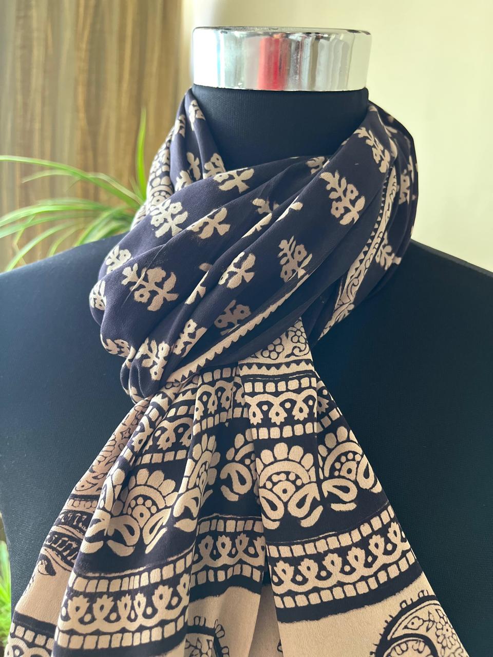 Beautiful Crepe Bagh Handblock Print Stole- Black with Beige