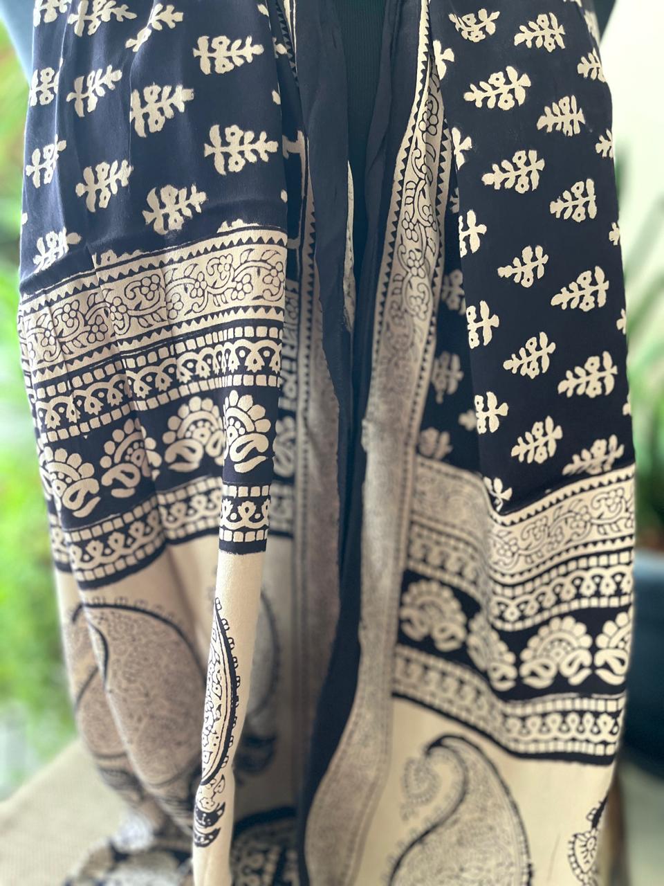 Beautiful Crepe Bagh Handblock Print Stole- Black with Beige