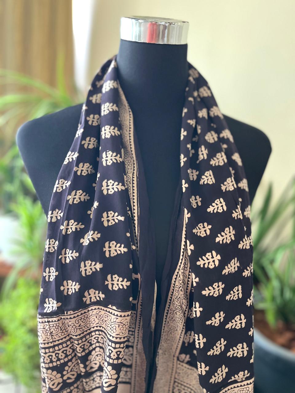 Beautiful Crepe Bagh Handblock Print Stole- Black with Beige