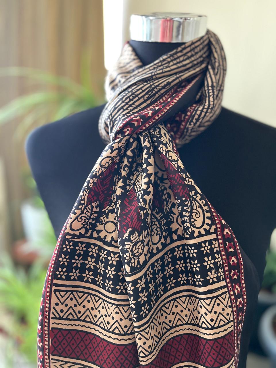 Beautiful Crepe Bagh Handblock Print Stole- Multicolor
