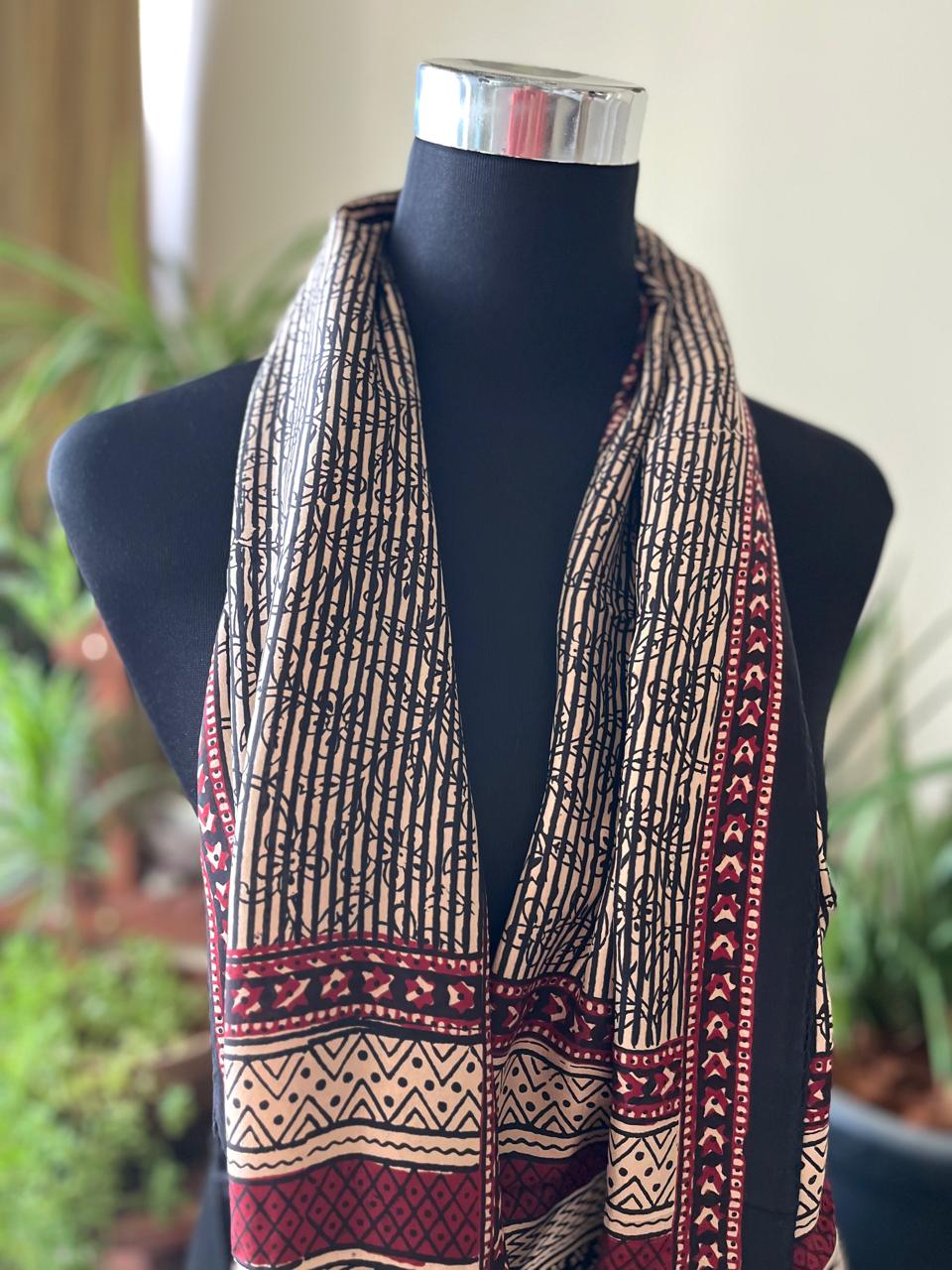 Beautiful Crepe Bagh Handblock Print Stole- Multicolor