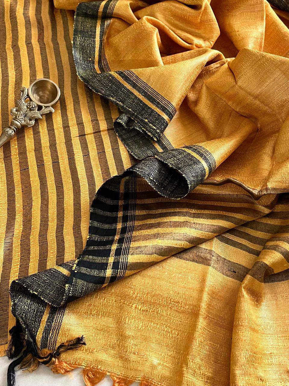 Pure Tussar Geecha Silk Striped Handwoven Suits - Golden Yellow