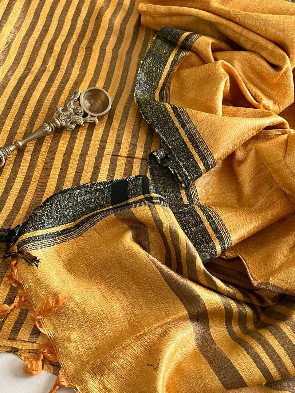 Pure Tussar Geecha Silk Striped Handwoven Suits - Golden Yellow