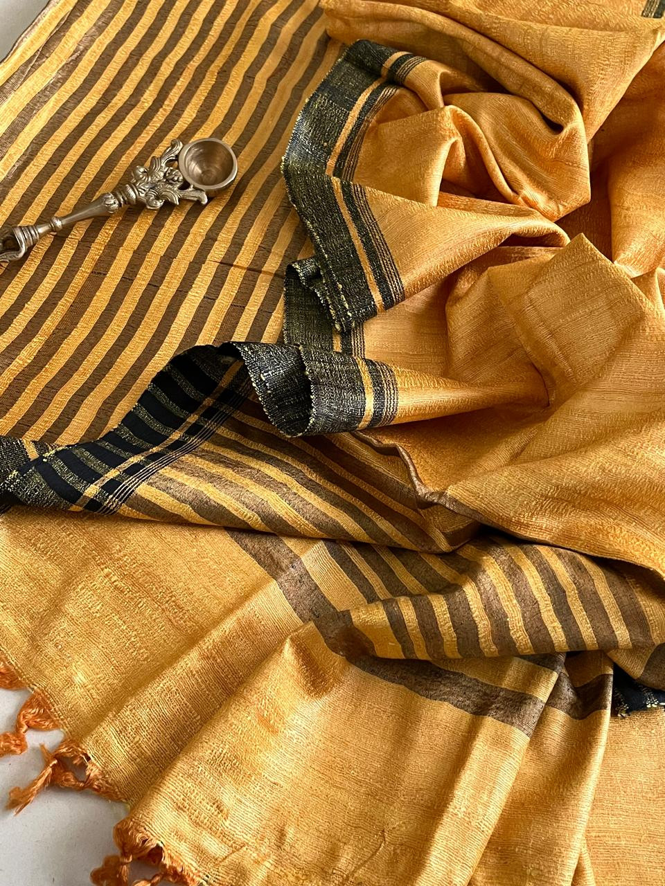 Pure Tussar Geecha Silk Striped Handwoven Suits - Golden Yellow