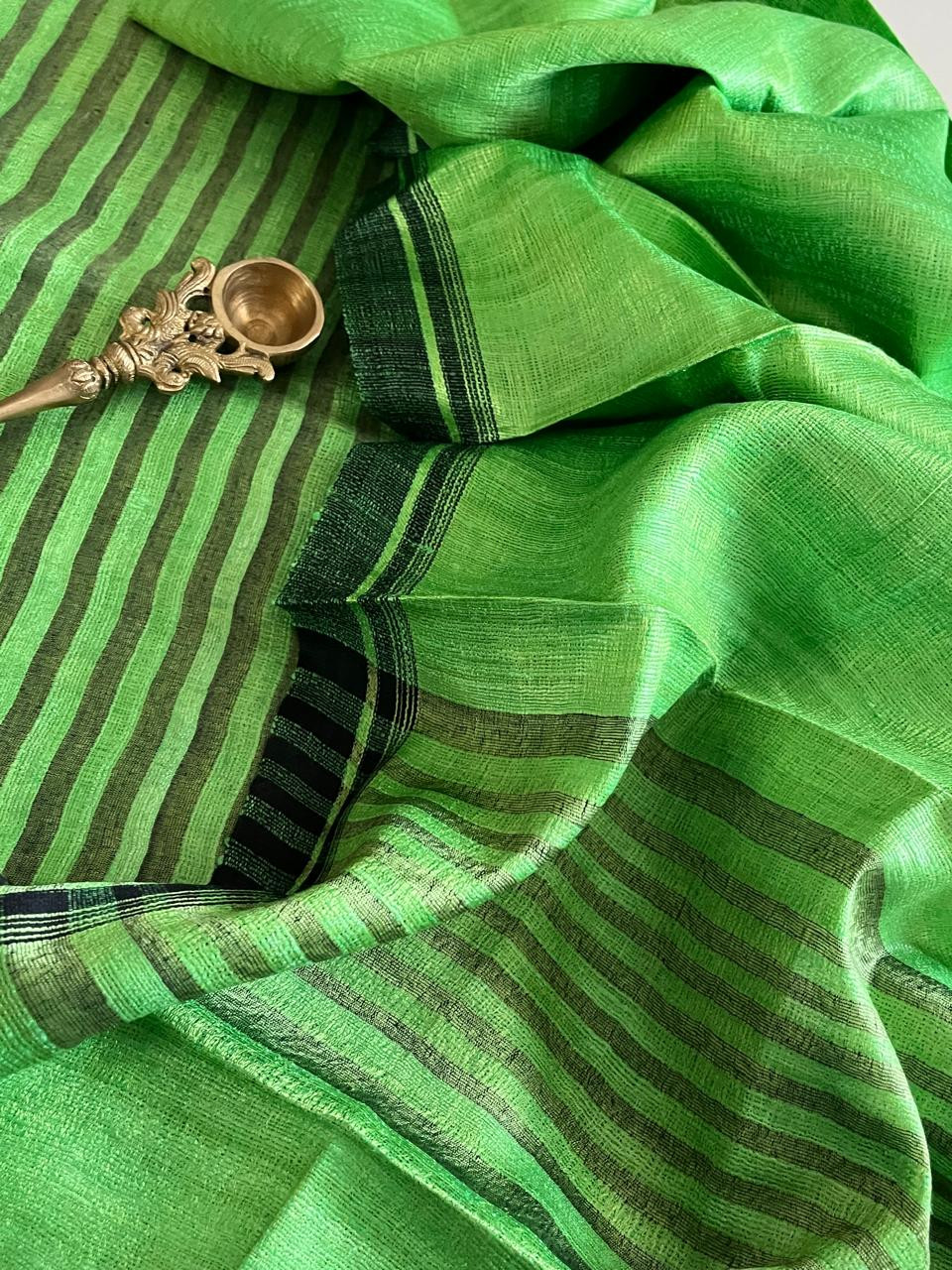 Pure Tussar Geecha Silk Striped Handwoven Suits - Green