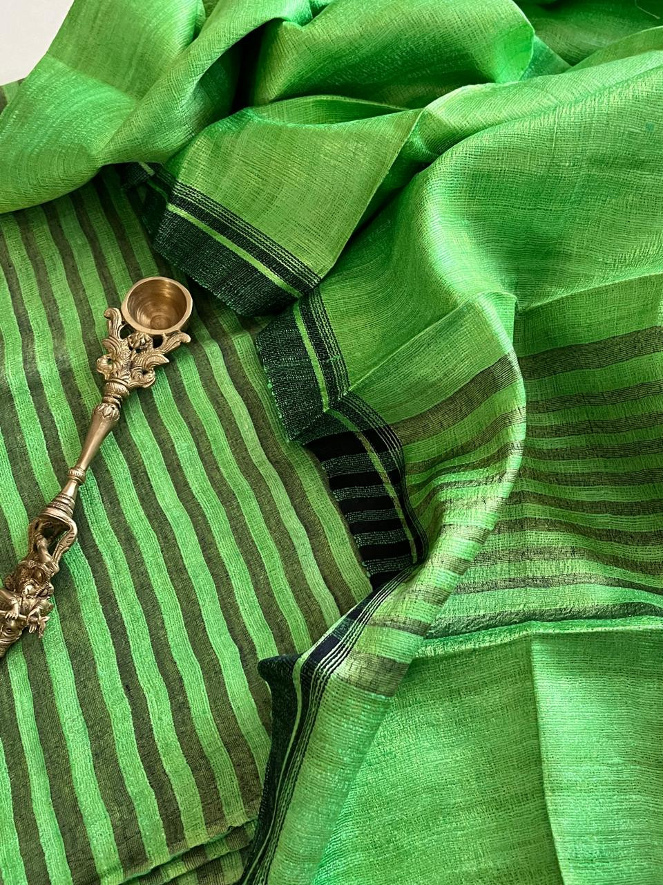 Pure Tussar Geecha Silk Striped Handwoven Suits - Green