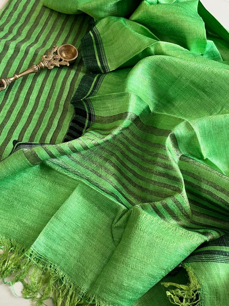 Pure Tussar Geecha Silk Striped Handwoven Suits - Green