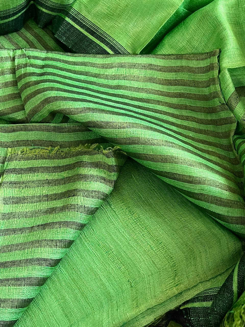 Pure Tussar Geecha Silk Striped Handwoven Suits - Green