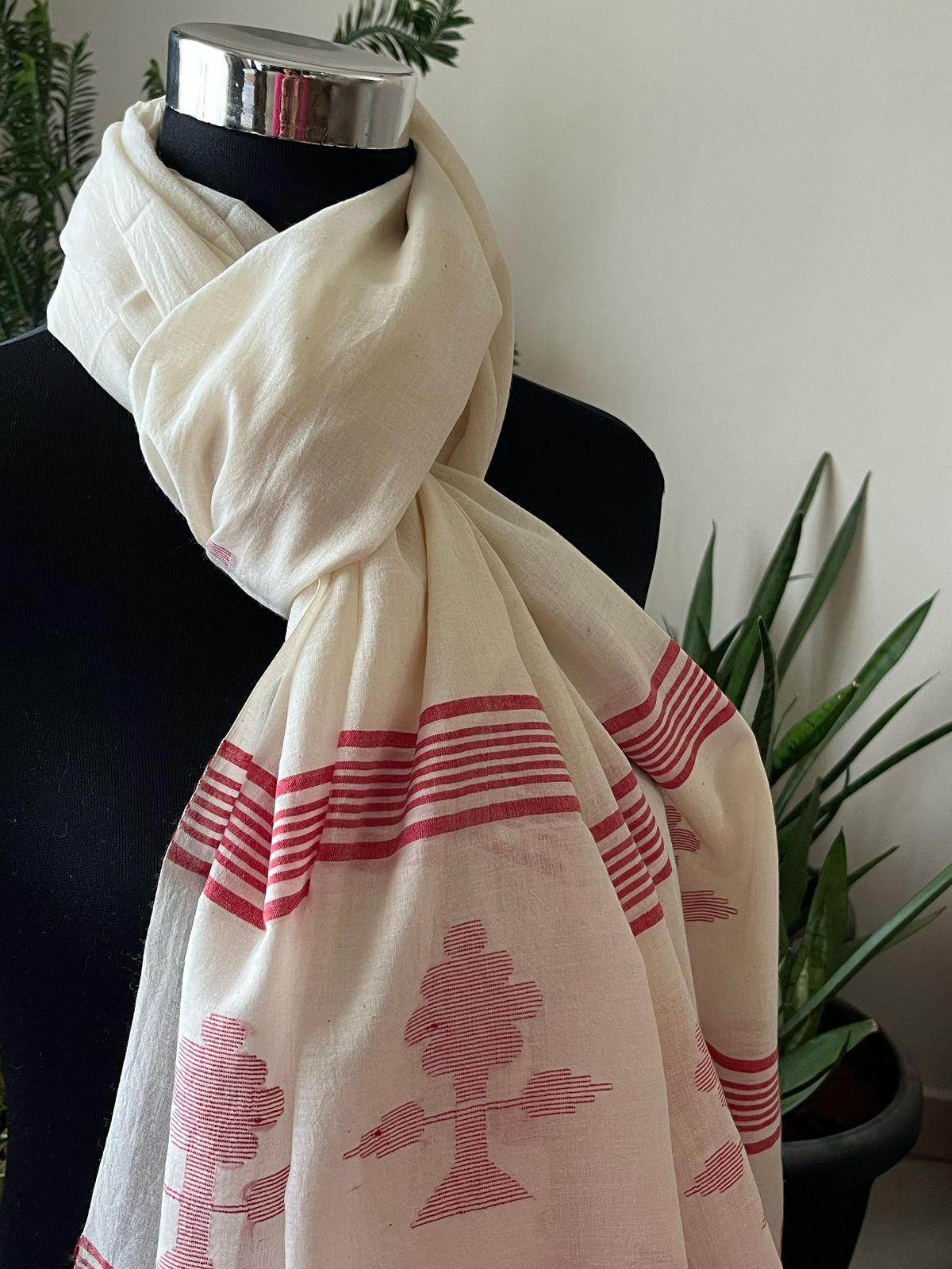 Soft Pure Cotton Jamdani Handloom Stole - White and Red