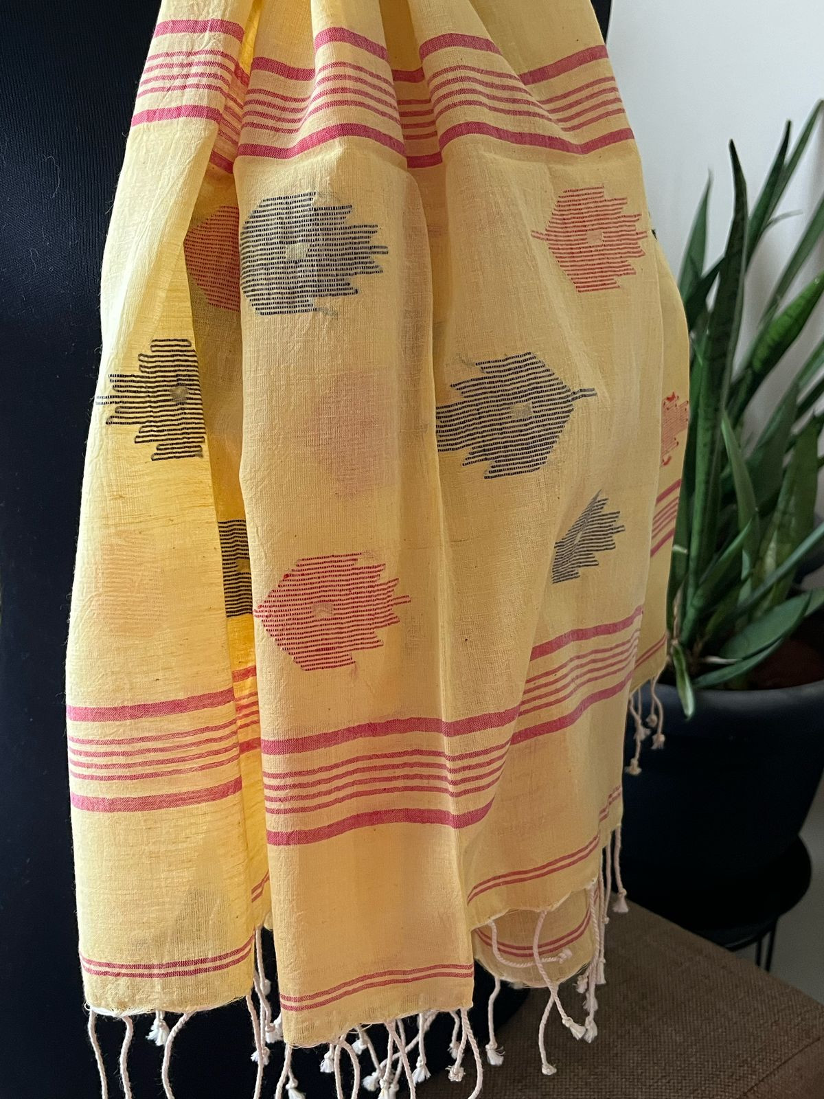 Soft Pure Cotton Jamdani Handloom Stole - Yellow