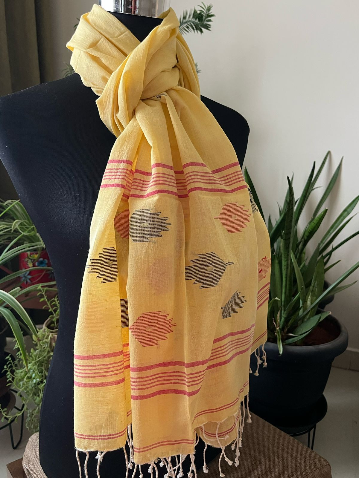 Soft Pure Cotton Jamdani Handloom Stole - Yellow