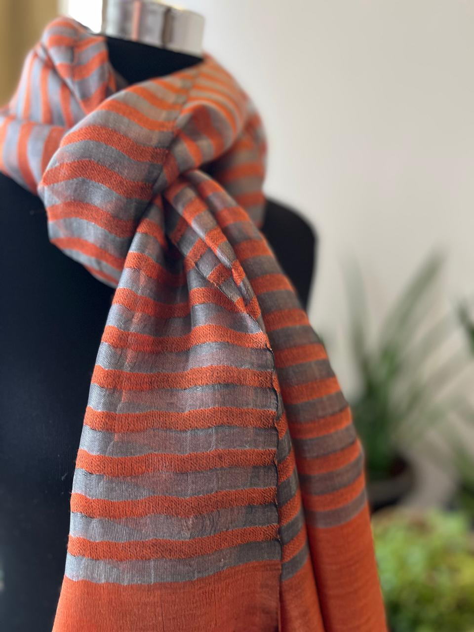 Gorgeous Woven Silk Wool Stole - Rust