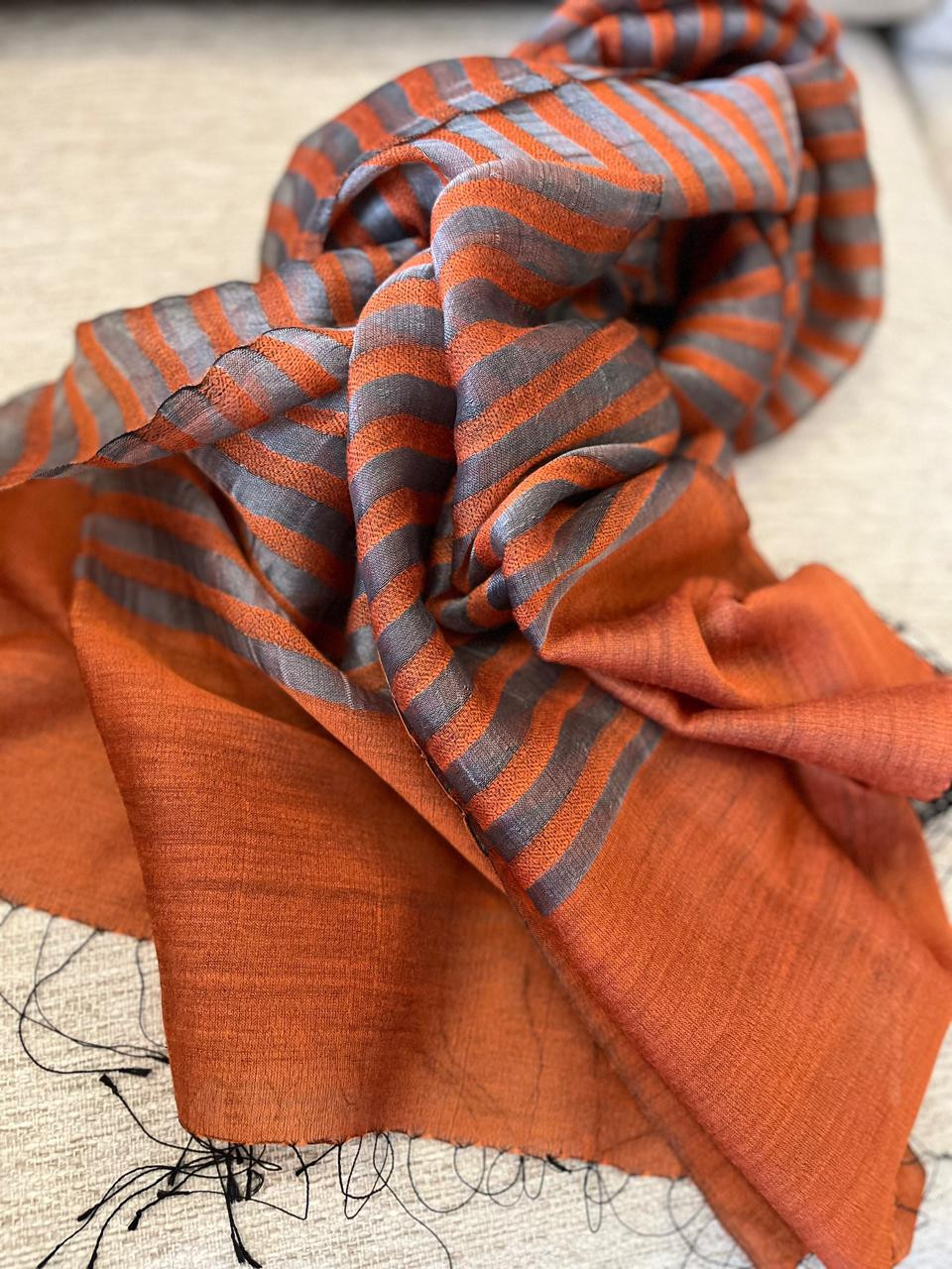 Gorgeous Woven Silk Wool Stole - Rust