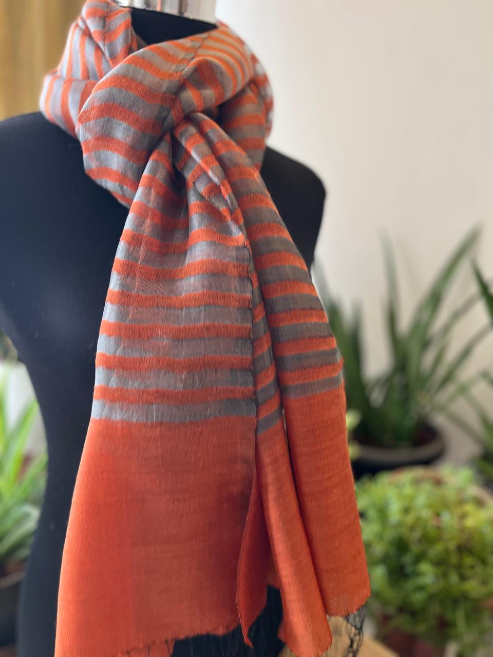 Gorgeous Woven Silk Wool Stole - Rust