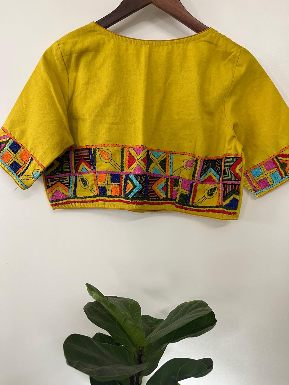Cotton Stitched Blouse with Hand Kantha Embroidery - Yellow