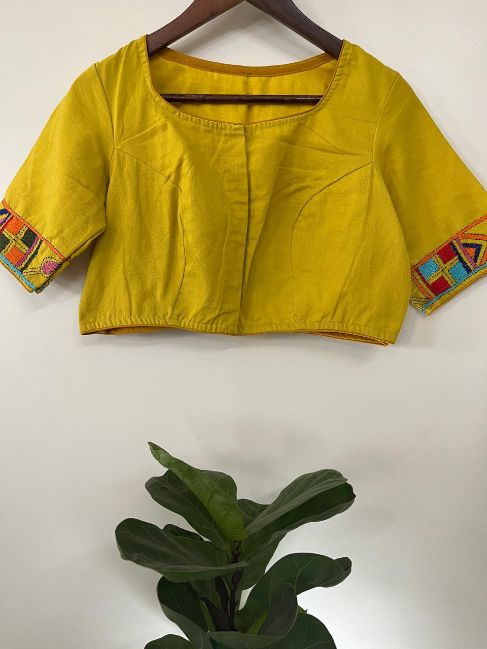 Cotton Stitched Blouse with Hand Kantha Embroidery - Yellow