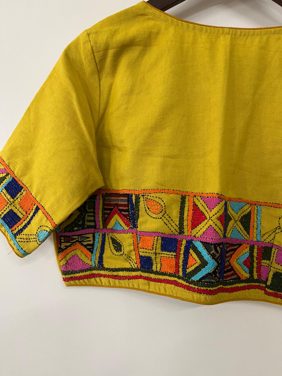 Cotton Stitched Blouse with Hand Kantha Embroidery - Yellow