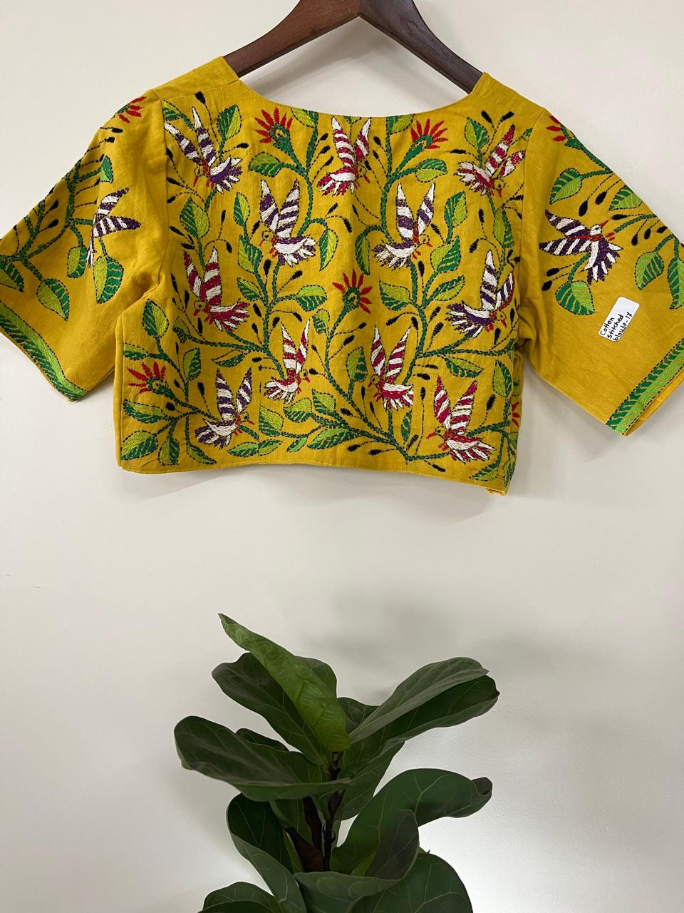 Cotton Stitched Blouse with Hand Kantha Embroidery - Yellow